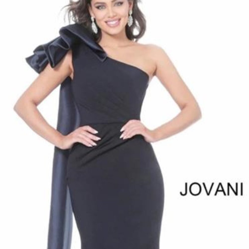 Jovani 1008 Navy One-Shoulder Dress with Rhinestone Bow